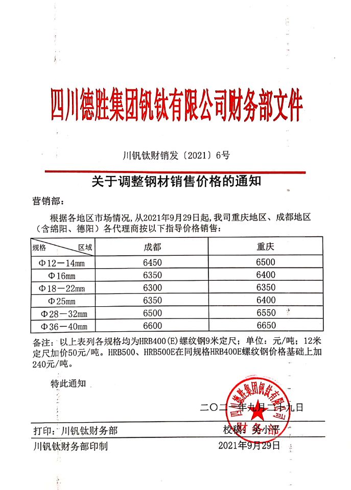 开元体育(中国)有限公司官网9月29日钢材销售指导价