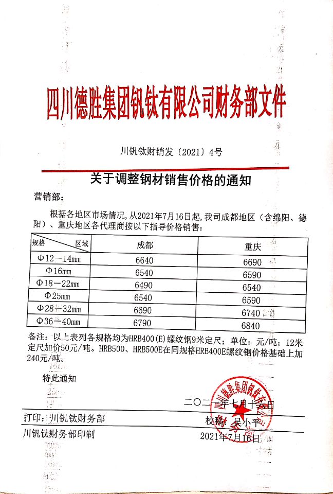 开元体育(中国)有限公司官网7月16日钢材销售指导价